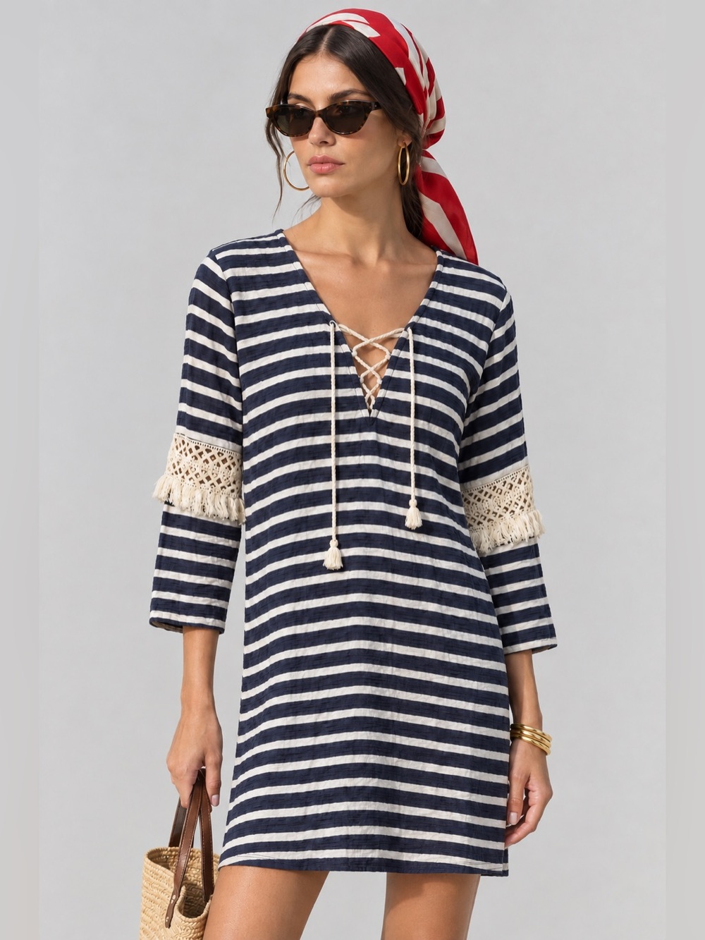 SEA NY Breton Stripe Nautical Lace Up Neck Crochet Fringe Trim Preppy Dress M